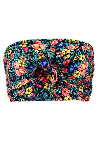 Haut bandeau floral avec des fleurs jaunes, rouges, roses et bleues vives sur un fond noir, présentant un détail central en nœud torsadé.