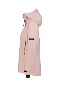 Giacca impermeabile rosa con cappuccio, tasca frontale, polsini elastici e toppa con logo sulla manica. Tessuto liscio e vestibilità ampia.