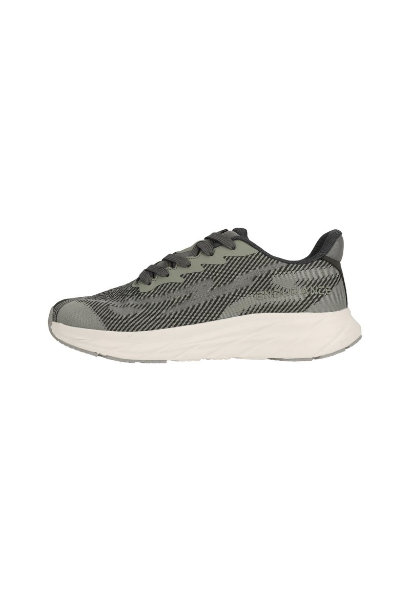 Sportlich Schuhe mit grauem und schwarzem Strick-Obermaterial mit strukturiertem Muster, runder Zehenpartie, Schnürverschluss und weißer Mittelsohle.