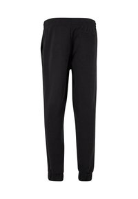 Zwarte trainingsbroek met een elastische tailleband, boordjes aan de onderkant en een enkele achterzak, gemaakt van zacht en duurzaam materiaal.