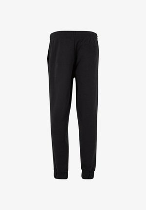 Melnas sporta bikses ar elastīgu jostasvietu, aprocēm un vienu aizmugurējo kabatu, izgatavotas no mīkstas, izturīgas auduma.