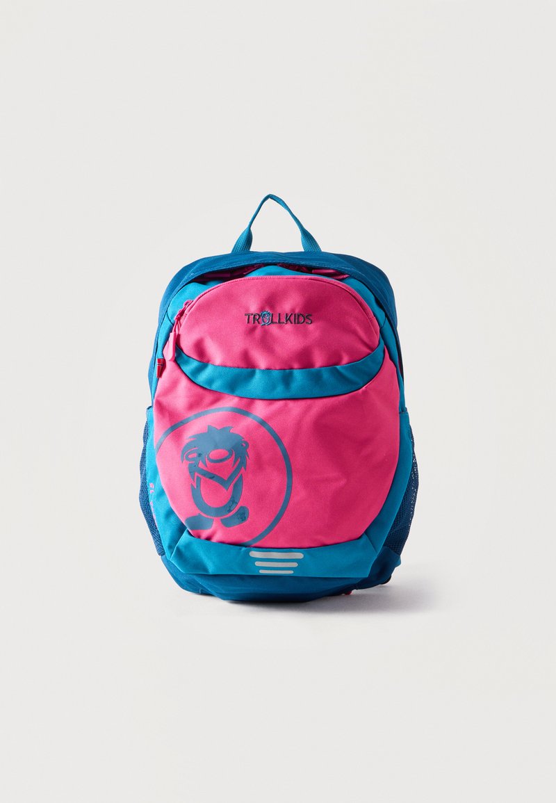 Sac à dos rose et bleu pour enfant avec une poche avant arborant un personnage de dessin animé et le logo « TROLLKIDS » en haut de la face avant.