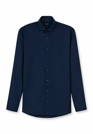 Marineblaues Langarmhemd aus glattem Stoff, mit spitzem Kragen und Sechs-Knopf-Leiste, einem geschwungenen Saum und geknöpften Manschetten.