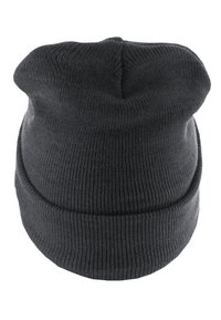 Dark gray knit beanie hat with a rolled cuff, featuring a textured ribbed pattern and a soft, flexible fabric.