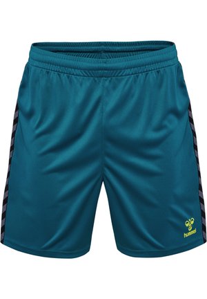 Turkusowe sportowe spodenki z elastycznym pasem, czarno-szare paski w jodełkę po bokach oraz małe żółte logo hummel na lewej nodze.