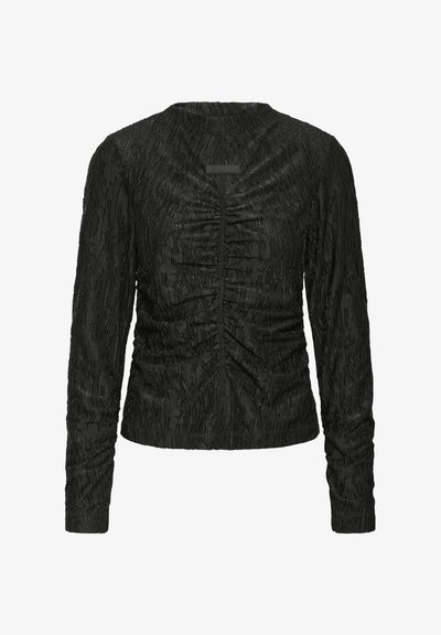 Fekete hosszú ujjú felső texturált anyagból, elöl gyűrt részletekkel és kerek nyakkivágással. Finom csillogás a szőtt szálaktól.