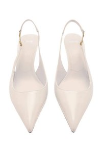 White, pointed-toe slingback heels with a smooth finish, featuring a gold-tone buckle and cut-out side details.