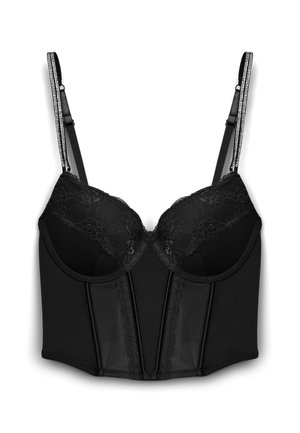Czarny bustier z koronki z miseczkami na drutach, panelami z siateczki oraz regulowanymi ramiączkami ozdobionymi kryształkami.