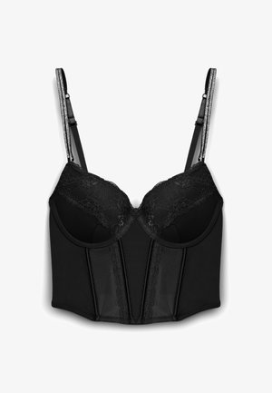 Bustier nero in pizzo con coppe con sostegno a ferretto, pannelli in mesh e spalline regolabili impreziosite da rhinestones.