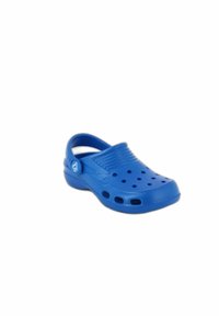 Blue plastic clogs with a closed toe, open heel, ventilation holes, and a textured upper section. Features a logo on the side.