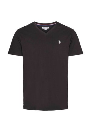 Črna bombažna majica s kratkimi rokavi in V-izrezom, ki ima majhen bel vezen logotip na levem prsnem delu. Preprost dizajn.