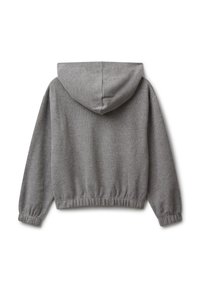 Hoodie grigio lavorato a maglia con maniche lunghe, polsini elasticizzati e vita elasticizzata mostrato da dietro su uno sfondo bianco.