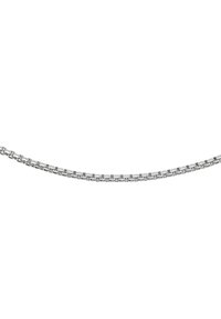 Collana in argento con anelli ovali intrecciati, dalla finitura liscia e dal design uniforme, che mostra una texture metallica lucida.