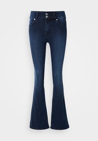 Jeans acampanados en azul oscuro con cintura alta, con cierre de doble botón, cinco bolsillos y una textura de denim suave.