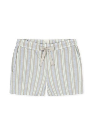 Striped shorts in beige, blue, and white. Made of lightweight material, featuring a drawstring waistband and side pockets.