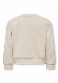 Sweat-shirt beige à manches longues avec col rond, poignets et ourlet côtelés, vu de dos sur fond blanc.