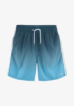 Shorts de bain dégradés bleus avec une taille élastique, cordon blanc et rayures blanches sur les côtés. Fabriqués en matériau léger et à séchage rapide.