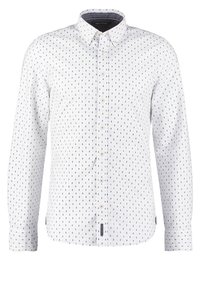 Weißes Langarmhemd mit einem kleinen blauen Diamantenmuster, Button-down-Kragen und Manschettendetails. Hergestellt aus leichtem Stoff.