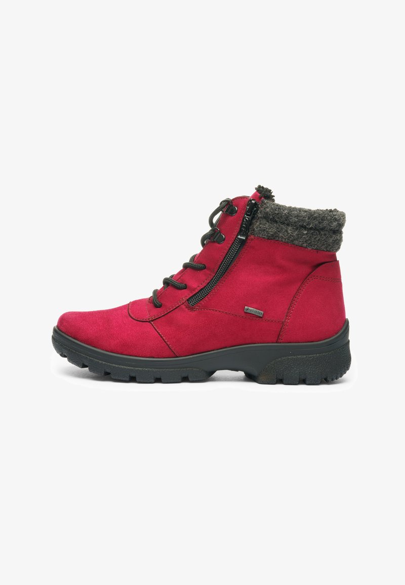 Roter Knöchelhoher Stiefel mit schwarzer Sohle, seitlichem Reißverschluss, schwarzen Schnürsenkeln und grauem Strickbündchen, entworfen für Outdoor- oder Wintergebrauch.