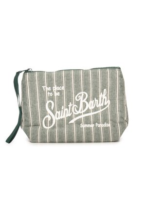 Pochette in tessuto a righe verdi e bianche con cerniera e cinturino da polso, stampata con scritta bianca "The place to be Saint Barth Summer Paradise".