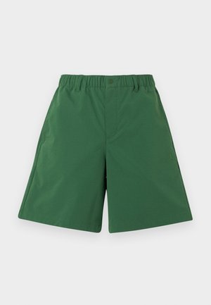 Grønne afslappede shorts med elastisk taljebånd, knaplukning, bæltestropper og diskret logo på højre ben mod en hvid baggrund.