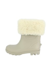 Beige wasserdichter Stiefel mit einem strukturierten Gummigehäuse und einem flauschigen cremefarbenen Kunstfellbund, ausgestattet mit einer robusten Sohle und einer Ziehlasche auf der Rückseite.