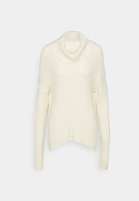 Cremefarbener Rippenstrick-Pullover mit schalkragenartigem Ausschnitt, langen Ärmeln und schrägem Saum. Weiche Textur, leichtes Design für Komfort.