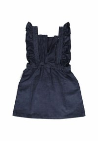 Marinblå kordflodsklänning med volangband, en samlad elastisk midja och rakt slut. Slät textur med vertikala ränder.