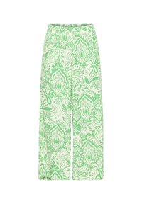 Pantalon à jambes larges avec taille haute, présentant un motif floral et cachemire en vert et blanc.