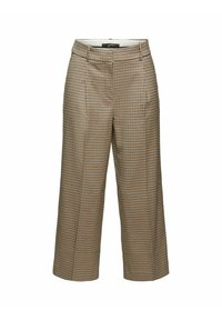 Bruna och krämfärgade rutiga vida byxor med hög midja, veckad framsida och skräddarsydd passform. Tillverkade av ett mjukt tyg.