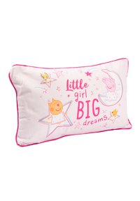 Cuscino rettangolare in peluche con piping rosa, decorato con personaggi dei cartoni animati, stelle e il testo "Piccola ragazza GRANDI sogni" in colori vivaci.