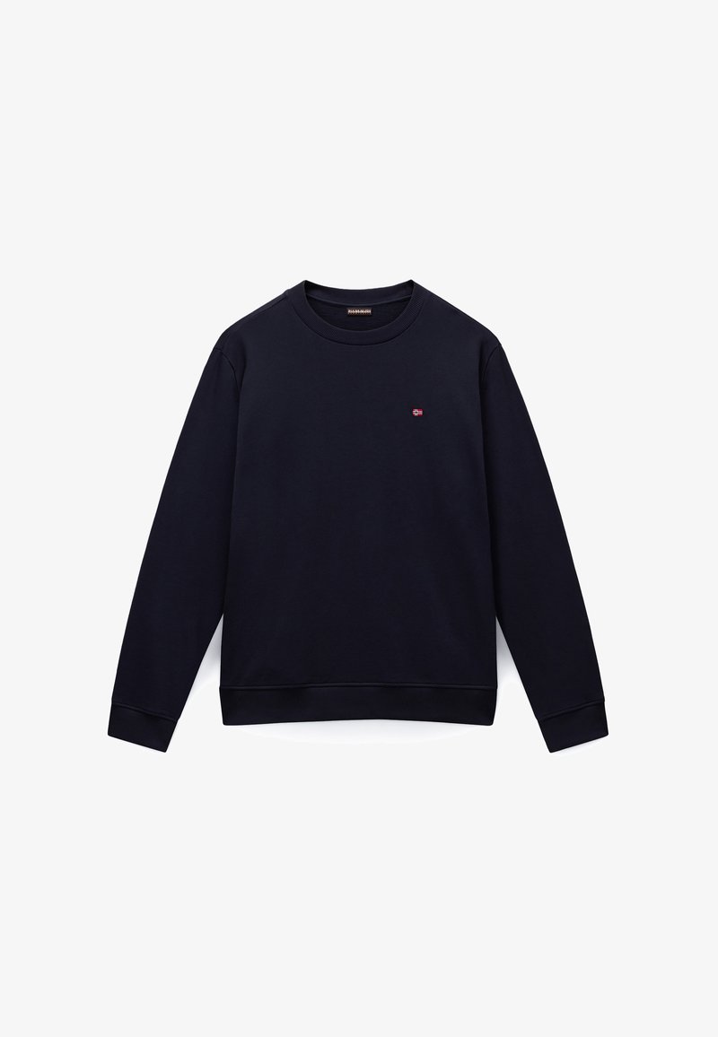 Tengerészkék kerek nyakú pulóver hosszú ujjakkal, a bal mellrészen kis piros-fehér zászlólogóval.