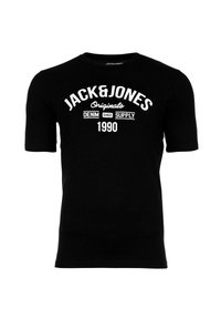 Musta puuvillane T-särk, millel on lühikesed varrukad ja ümar kaelus. Esipoolne graafika sisaldab valget teksti "JACK & JONES Originals Denim Since 1990."