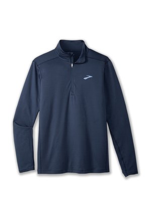 Marineblauer, langärmeliger Pullover mit Viertelreißverschluss aus weichem, leichtem Material; verfügt über ein dezentes Logo auf der oberen linken Brust.