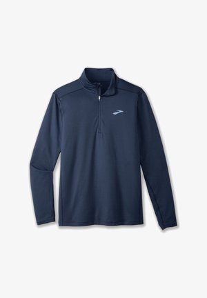 Navy quarter-zip long-sleeve pullover made of soft, lightweight material; features a subtle logo on the upper left chest.