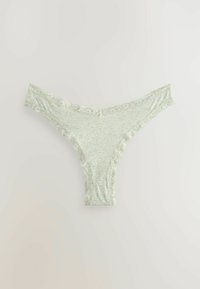 Hellgrüner transparenter Tanga mit Spitze, der ein kleines Punktmuster aufweist. Weicher Stoff mit glatter Textur.