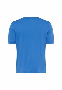 T-shirt blu a maniche corte con scollatura rotonda, realizzato in un tessuto liscio, caratterizzato da un colore uniforme e senza motivi o accenti visibili.