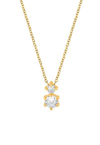 Goldene Kettenhalskette mit zwei klaren Edelsteinen, einem größeren und einem kleineren, die jeweils in einer Krappenfassung gehalten sind. Polierte Oberfläche, elegantes Design.