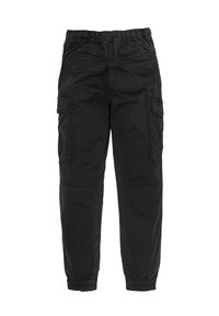Pantalones cargo negros de tela suave, con cinturilla elástica, múltiples bolsillos, piernas ajustadas y puños en los tobillos.