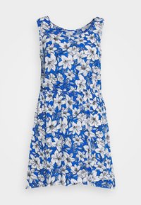 Robe florale bleue avec un design sans manches, dotée d'une taille cintrée et d'une jupe évasée. Le tissu présente des fleurs blanches et des accents verts.