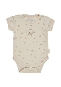 Cream-colored baby bodysuit made of soft cotton, featuring a puppy graphic and scattered paw prints. Snap closures at the bottom and short sleeves.