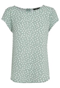 Top de manga corta de color verde claro con lunares blancos, con cuello redondo y cierre de cremallera en la espalda, hecho de un tejido suave y texturizado.