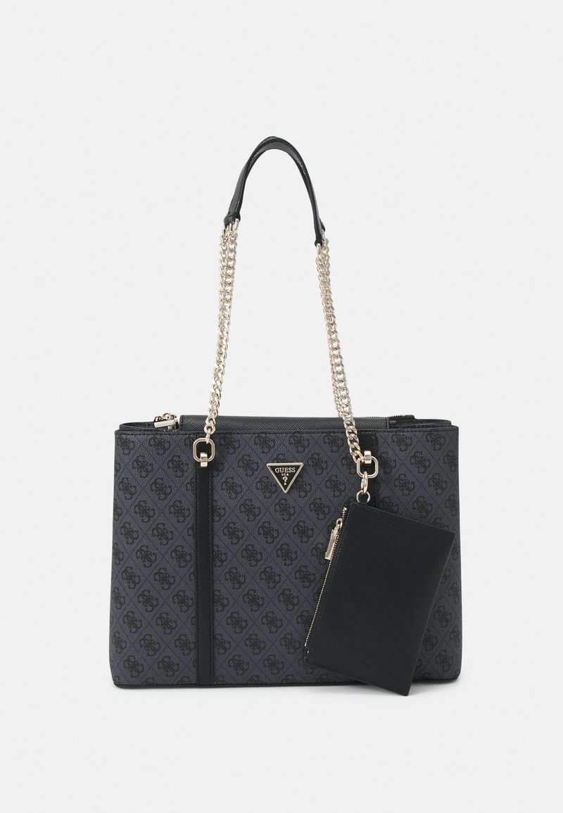 Borsa tote nera con motivo, dotata di tracolle con catena, dettaglio del logo dorato e una pochette nera removibile. Materiale liscio, forma strutturata.