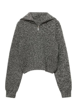 Zkrátený pletený sveter s vysokým golierom, štvrťovým zipsom a textúrovanou tkaninou čiernej a šedej farby so škvrnitým vzorom.