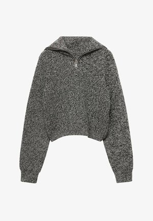 Zkrátený pletený sveter s vysokým golierom, štvrťovým zipsom a textúrovanou tkaninou čiernej a šedej farby so škvrnitým vzorom.