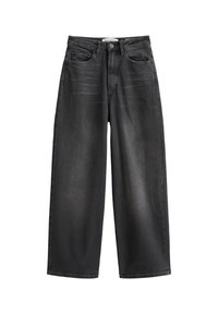 Czarne dżinsy o szerokich nogawkach z wysokim stanem, z pięcioma kieszeniami, delikatnym wyblaknięciem i zapięciem na guziki.