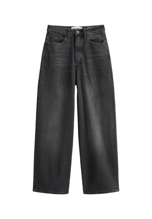Jean large en denim noir avec une taille haute, comportant cinq poches, un délavage subtil et une fermeture à bouton.