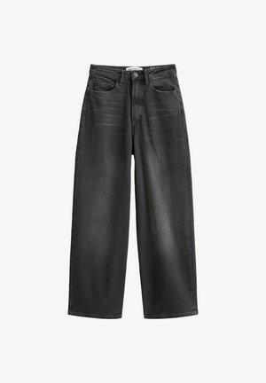 Jean large en denim noir avec une taille haute, comportant cinq poches, un délavage subtil et une fermeture à bouton.