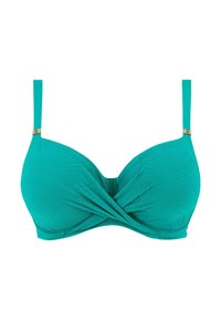 Tyrkysová push-up podprsenka s texturovanou tkaninou, se skruteným designem uprostřed a tenkými nastavitelnými ramínky. Zlaté akcentní kovové detaily.