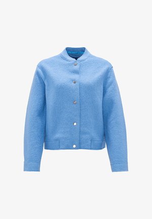 Blauwe wollen blend jas met een ronde kraag, drukknoopsluiting aan de voorkant, twee zakken en een gestructureerde afwerking. Heeft een cropped lengte en lange mouwen.
